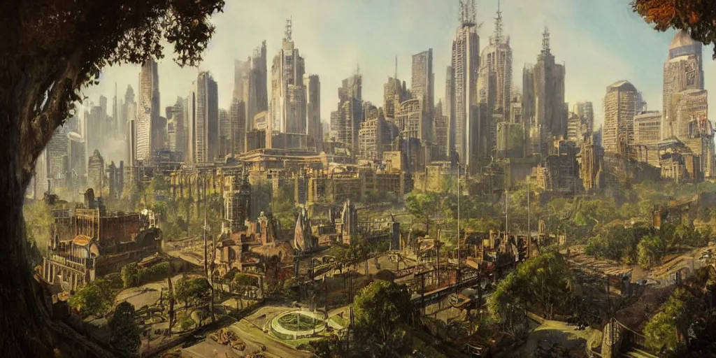 Prompt: landscape of melbourne by james gurney, josh kirby, alan lee as a bioshock environment