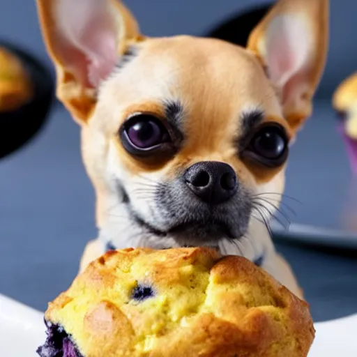 Prompt: A close-up photo of a hybrid between a chihuahua and a blueberry muffin face