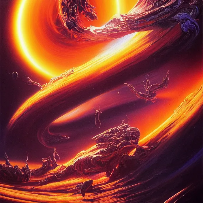 Prompt: cinematic portrait of psychedelic black hole, oil on canvas, masterpiece, trending on artstation, featured on pixiv, cinematic composition, dramatic pose, beautiful lighting, sharp details, hyper-detailed, HD, HDR, 4K, 8K, art by Tim Hildebrandt and Wayne Barlowe and Bruce Pennington and ruan jia and larry elmore,