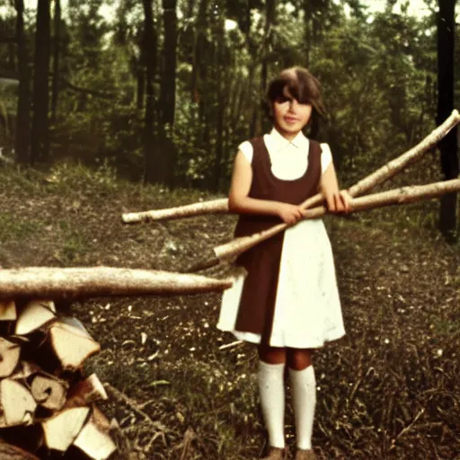 Image similar to a middle-school girl with short brown hair wearing a white dress and holding a bundle of firewood, high resolution film still