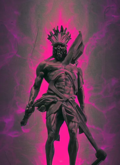 Image similar to dark design poster showing a heroic statue of zeus, black background with very subtle purple red design elements, powerful, nekro, vito acconci, thin straight lines, dark, glitch art, neo vaporwave, gritty, layout frame, square, trending on artstation