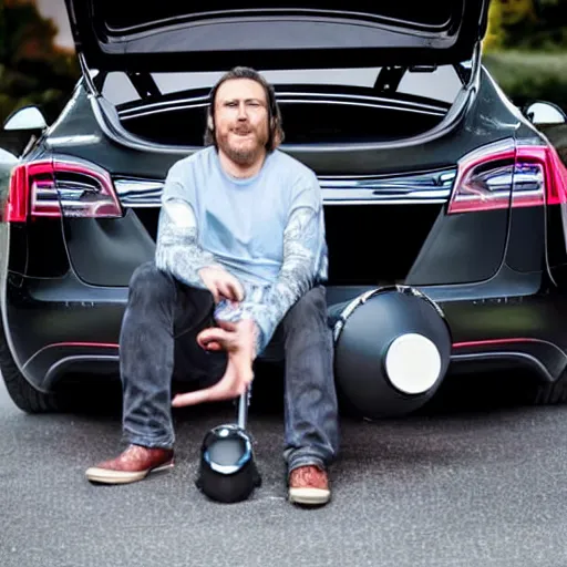 Prompt: a drum player playing the drums in the trunk of a tesla