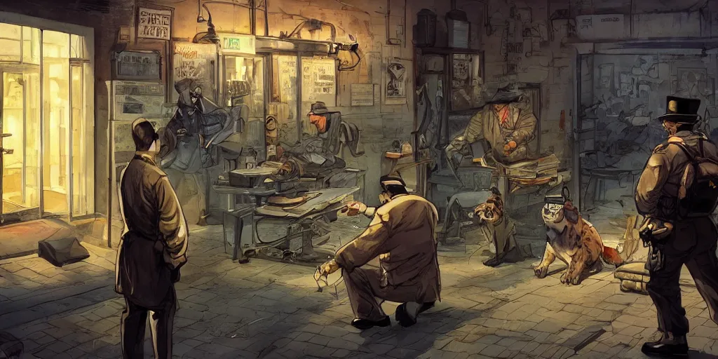 Image similar to a tiger butcher is being interrogated by a detective seal at the police station, new york, cartoonish, zenith view, warm color palette, night time, dramatic lighting, noir film, fine details, high contrast, blacksad, kim jung gi, greg rutkowski, trending on artstation, 8 k, ultra wide angle
