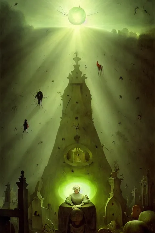 Image similar to hieronymus bosch, greg rutkowski, anna podedworna, painting of a fat white blob person with red hair, god rays, wide shot of a graveyard lit by spooky green lights