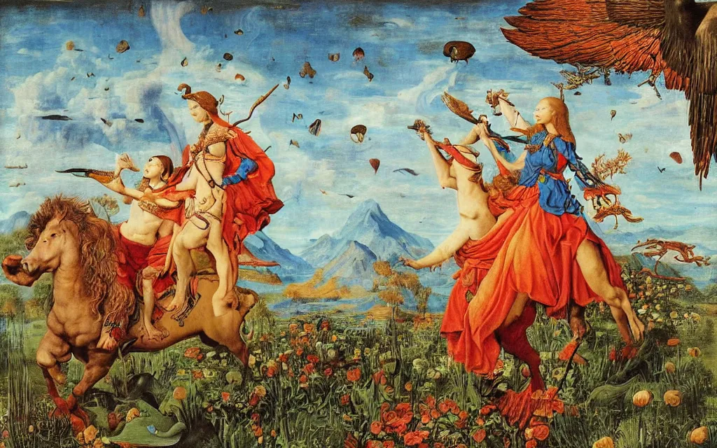 Prompt: a portrait photograph of a meditating harpy and a centaur king riding eagles and hunting at a river delta. surrounded by bulbous flowers and trees. mountain range under a blue sky of fiery stars. by jan van eyck, max ernst, ernst haeckel, ernst fuchs and artgerm, artstation, daily deviation, 8 k