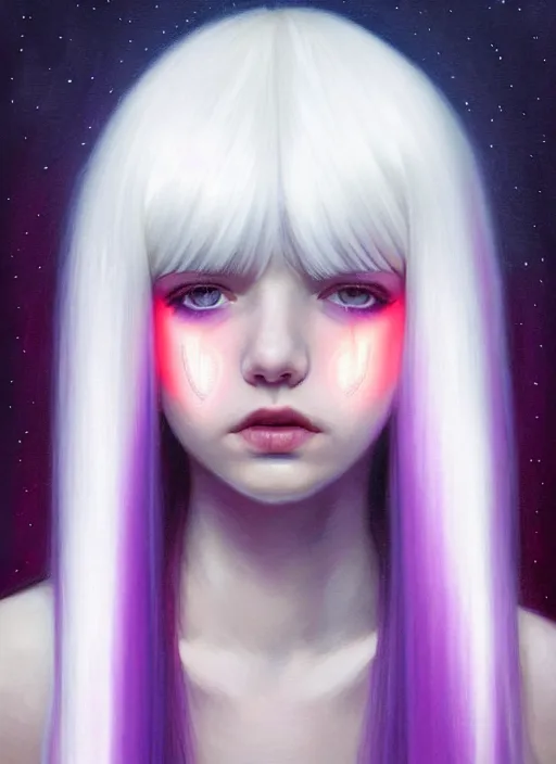 Image similar to hair whitebangs hair, black hair, whitebangs, portrait of teenage girl with white bangs, red irises, purple clothes, white bangs, bangs are different color from hair, intricate, elegant, glowing lights, highly detailed, digital painting, artstation, concept art, smooth, sharp focus, illustration, art by wlop, mars ravelo and greg rutkowski