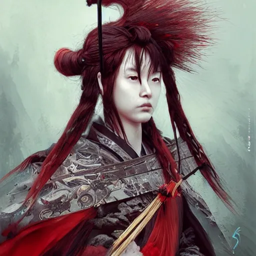 Prompt: an epic portrait of insane samurai wielding a spear, magical aura of insanity, intricate hakama, poofy red wig, eerie, highly detailed, dark fantasy, art by artgerm and greg rutkowski