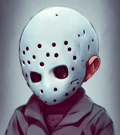 Image similar to beautiful little boy anime character inspired by jason voorhees, art by rossdraws, wlop, ilya kuvshinov, artgem lau, sakimichan and makoto shinkai, concept art, anatomically correct, extremely coherent, realistic, mask, smooth, hd, 8 0 s haircut