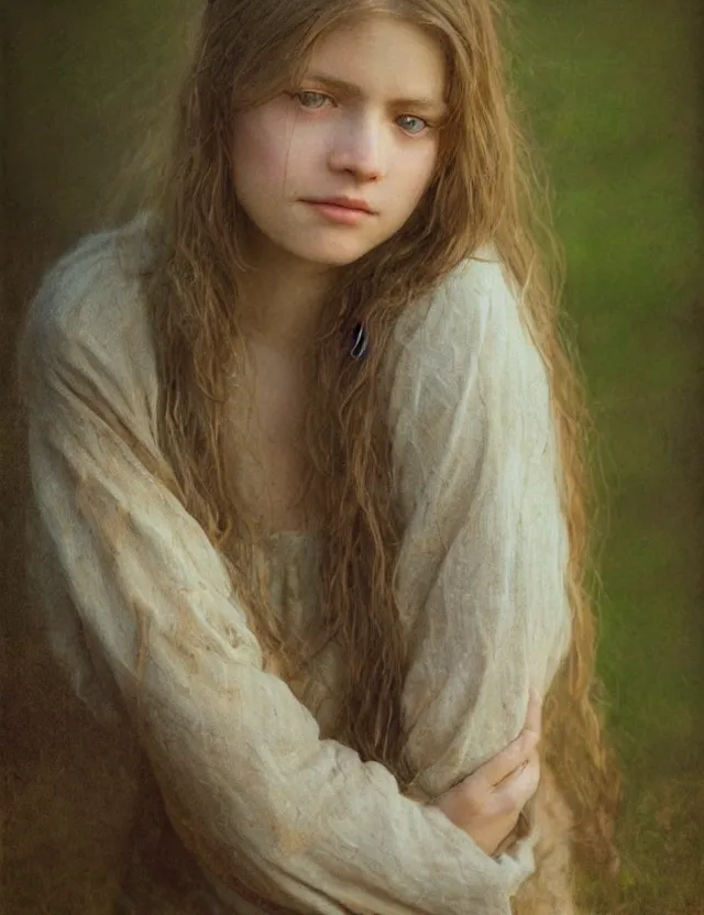 Prompt: shy and modest peasant girl long hair portrait, cottage core, cinematic focus, polaroid photo bleached vintage pastel colors high - key lighting, soft lights, foggy, by steve hanks, by lisa yuskavage, by serov valentin, by tarkovsky, 8 k render, detailed, oil on canvas