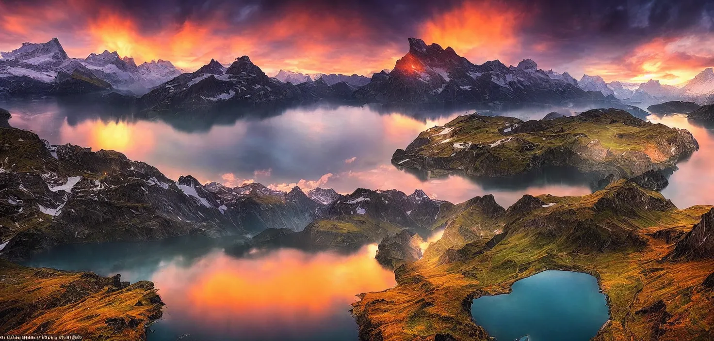 Image similar to amazing landscape photo of switzerland with lake in sunset by marc adamus, beautiful dramatic lighting