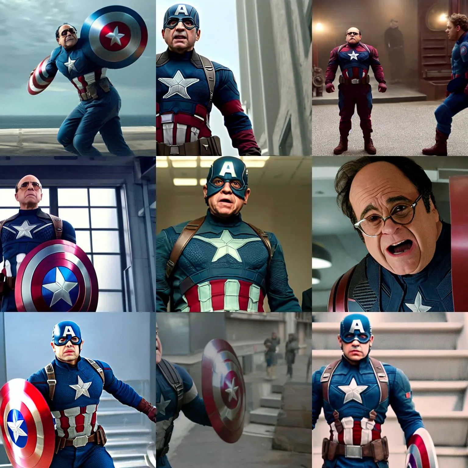 Prompt: a screenshot of danny devito as a very short captain america in the avengers. 8 k. very detailed