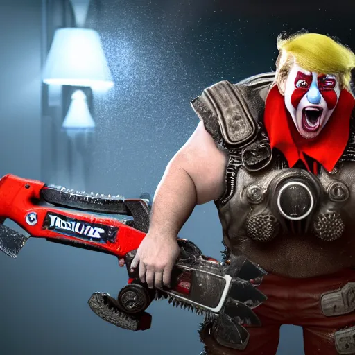 Image similar to portrait of donald trump as a clown, laughing and holding a chainsaw in gears of war, splash art, movie still, cinematic lighting, ray tracing, octane render, long lens, shallow depth of field, bokeh, anamorphic lens flare, 8 k, hyper detailed, 3 5 mm film grain