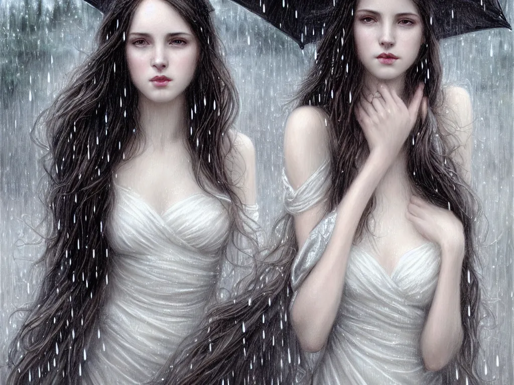 Image similar to highly detailed portrait of a beautiful girl in the rain with wet dark hair and pale skin, ornate elegant white dress, fantasy, intricate, elegant, dramatic lighting, emotionally evoking symbolic metaphor, highly detailed, lifelike, photorealistic, digital painting, artstation, concept art, smooth, sharp focus, illustration, art by John Collier and Albert Aublet and Krenz Cushart and Artem Demura and Alphonse Mucha