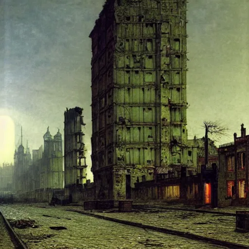 Prompt: the dead city, ruined buildings like broken teeth, John Atkinson Grimshaw