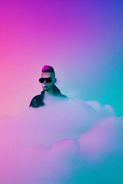 Image similar to high quality pastel coloured film close up wide angle photograph of bill kaulitz wearing clothing swimming on cloud furniture in a icelandic black rock environment in a partially haze filled dreamstate world. three point light, rainbow. photographic production. art directed. pastel colours. volumetric clouds. pastel gradient overlay. waves glitch artefacts. extreme facial clarity. 8 k. filmic.