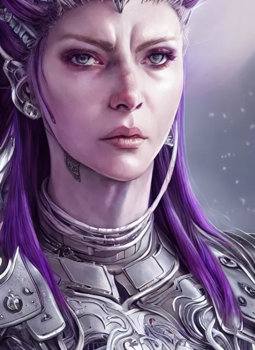 Image similar to close up portrait of a pale woman in bionic armor with purple ponytail hair, elegant, stoic, intense, sylvanas, ultrafine hyperdetailed illustration by kim jung gi, irakli nadar, intricate linework, sharp focus, octopath traveler, yoji shinkawa, highly rendered, global illumination, radiant light, detailed, intricate environment