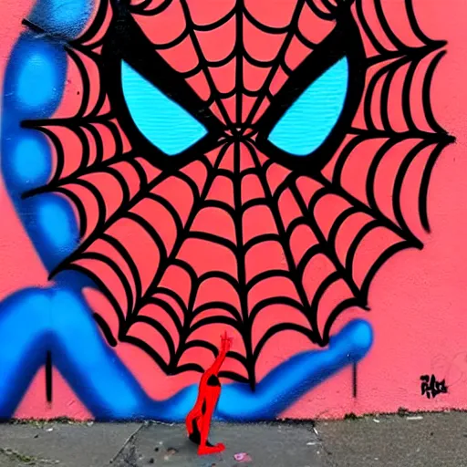 Prompt: graffiti art of spiderman wearing a latex mask of a pitbull dog