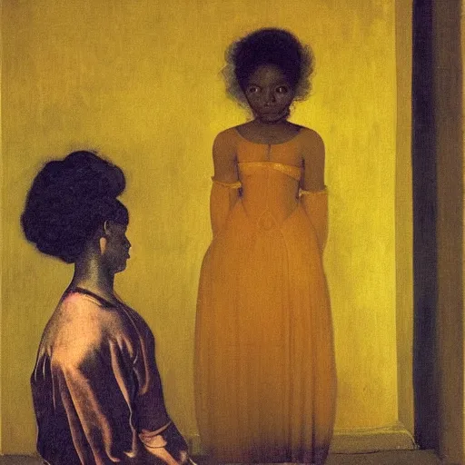 Prompt: a black girl in a gold haunted liminal room, digital painting by goya and balthus, colors by pontormo, lights by hopper, extreme detail, liminal aesthetic, background art nouveau,