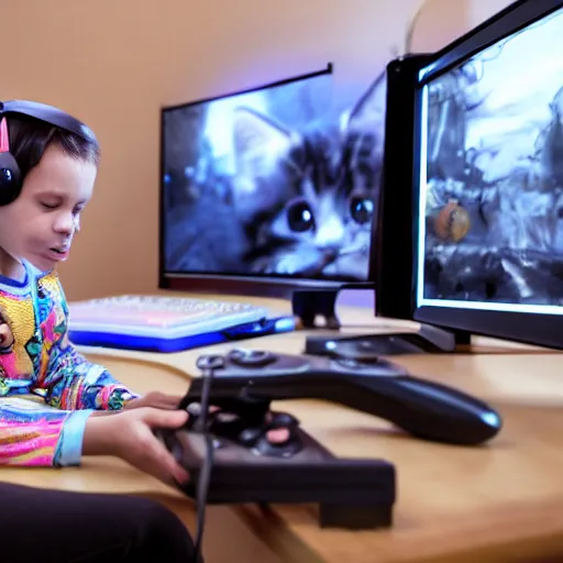 Image similar to Kitten playing video games in an bedroom, looking at a colorful computer monitor, wearing black headphones