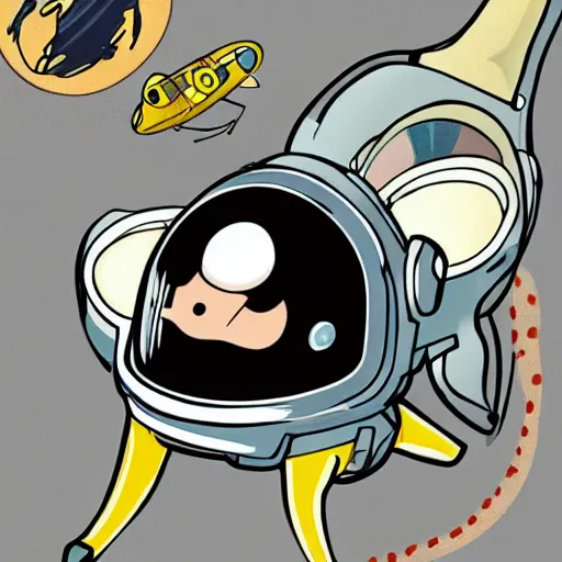 Image similar to an ant wearing an astronaut helmet on an airplane in the style of a cartoon