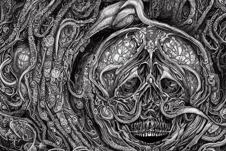 Prompt: a intricate mandala of skulls and flesh with deep and intricate rune carvings and twisting lovecraftian tentacles emerging from a space nebula by dan mumford, twirling smoke trails, a twisting vortex of dying galaxies, collapsing stars, digital art, photorealistic, vivid colors, highly detailed, intricate
