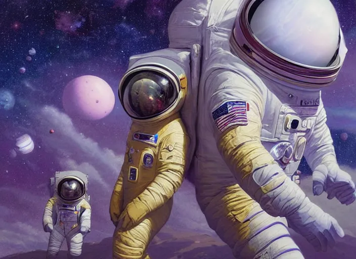 Prompt: astronauts wearing purple space suits from team newrocket floating in the cosmic galaxy, by thomas kinkade and greg rutkowski and ilya kuvshinov, masterpiece illustration, ultrarealistic, perfect face and anatomy, golden ratio