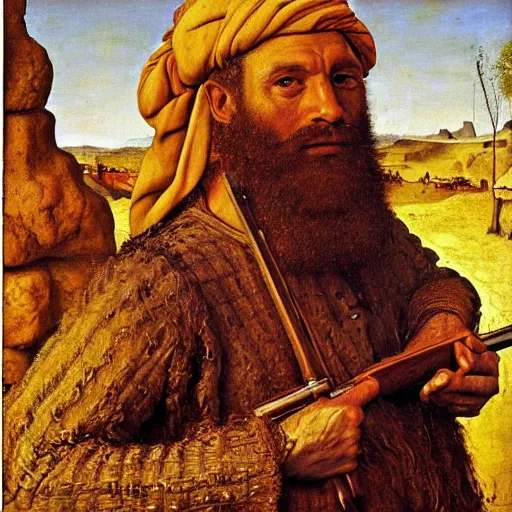 Prompt: portrait of bedouin man with rifle, beard, oil painting by jan van eyck, northern renaissance art, oil on canvas, wet - on - wet technique, realistic, expressive emotions, intricate textures, illusionistic detail,