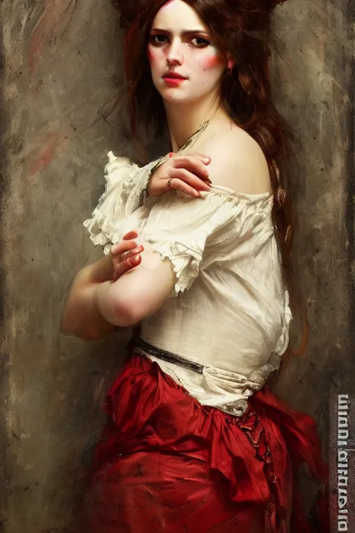 Prompt: Solomon Joseph Solomon and Richard Schmid and Jeremy Lipking victorian genre painting full length portrait painting of a young beautiful woman traditional german french fashion model pirate wench in fantasy costume, red background