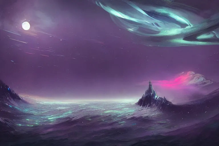 Image similar to glitched fantasy painting, the night sky is an upside down ocean, the stars are fish in the depths, the night sky is a sea, distant nebula are glowing algae, the moon is an anglerfish by jessica rossier