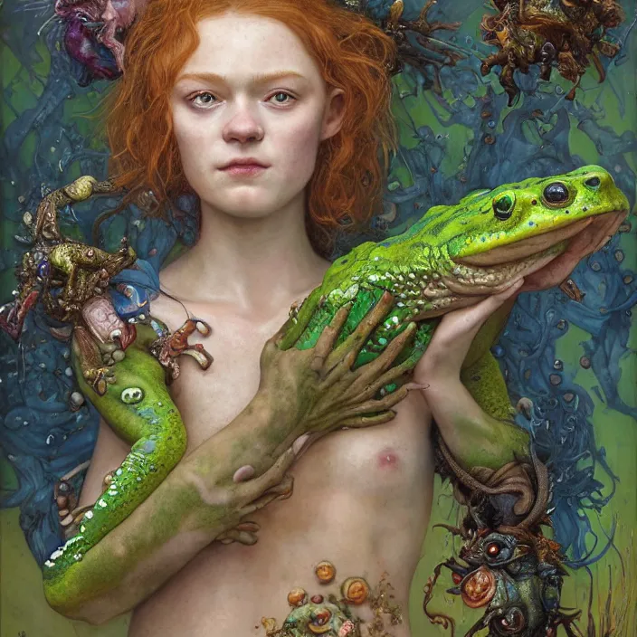 Prompt: a portrait photograph of sadie sink as a brightly colored amphibian with wet mutated skin. she wearing a tactical suit and has many body modifications. by tom bagshaw, donato giancola, hans holbein, walton ford, gaston bussiere, brian froud, peter mohrbacher and magali villeneuve. 8 k, fashion editorial, cgsociety