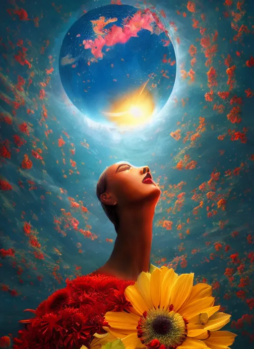 Image similar to An epic fantastic realism comic book style painting of the most beautiful flowers launched into space, bouquets, solar eclipse, fisheye, unreal 5, DAZ, hyperrealistic, octane render, dynamic lighting