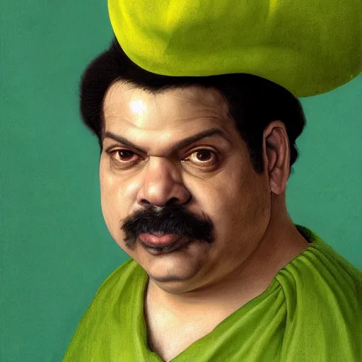 Image similar to hyper realistic, realistic - anime, portrait, beautifully rendered, italian garb from 1 9 th century, caricature, luis guzman as luigi wearing green, smirking deviously, luigi, luigi's nose, painted by jan van eyck, albrecht durer, gustave courbet, greg rutkowski, wlop, artgerm, dishonored 2,