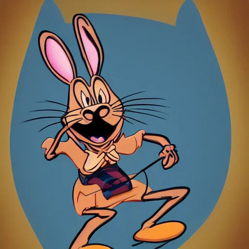 Image similar to A extremely highly detailed majestic hi-res beautiful, highly detailed portrait of a scary terrifying creepy cartoon rabbit standing up wearing pants and a shirt in the style of 1960's Walt Disney animation