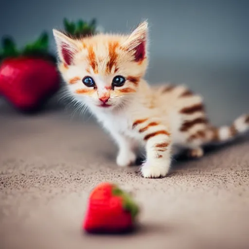 Prompt: macro shot photograph of an extremely tiny baby kitten lying on top of a gigantic strawberry