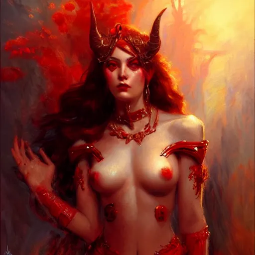 Image similar to attractive demon queen with red eyes painting by gaston bussiere, luis rollo, portrait, digital painting, highly detailed, artstation, sharp focus, illustration, concept art