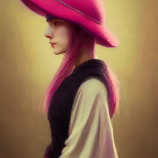 Prompt: a photorealistic dramatic fantasy render of a pink coloured haired young girl with a black wool hat by wlop, artgerm, greg rutkowski, alphonse mucha, beautiful dynamic dramatic dark moody lighting, shadows, cinematic atmosphere, artstation, concept design art, octane render, 8 k