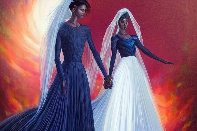 Image similar to wedding day 🫀👩🏾, futuristic wedding dress, neon god of city character portrait, in the style of margaret keane, moebius, tom bagshaw, and waterhouse, cinematic lighting, beautiful, elegant, oil painting,