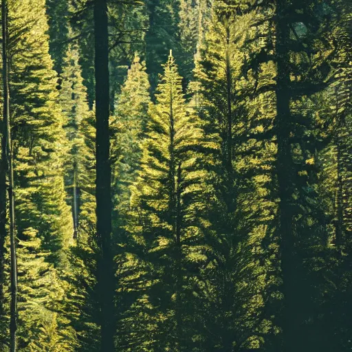 Prompt: a t - rex in the coniferous forest, background dolomites, cinematic, diffused light among the trees, artistic drawing