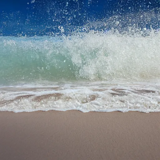 Prompt: captured image of a sun-dog ocean white sand, background of crashing surf (foam, rocks), tranquil, calming, nostalgic
