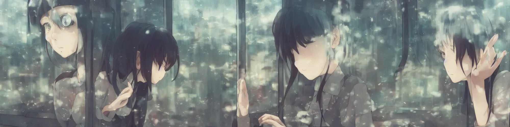 Prompt: a japanese anime kawaii girl a train window, urban moody neutral hipster tones, joy gaze, cel - shaded, classical animation, cinematic, edge - to - edge print, rendered by studio ghibli, artgerm, alyssa monks, andreas rocha, david kassan, neil blevins