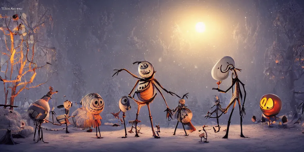 Image similar to a scene from tim burtons nightmare before christmas, illustration, reality, wide shot, light colors, highly detailed, sharp focus, cinema 4 d, 3 d, octane render