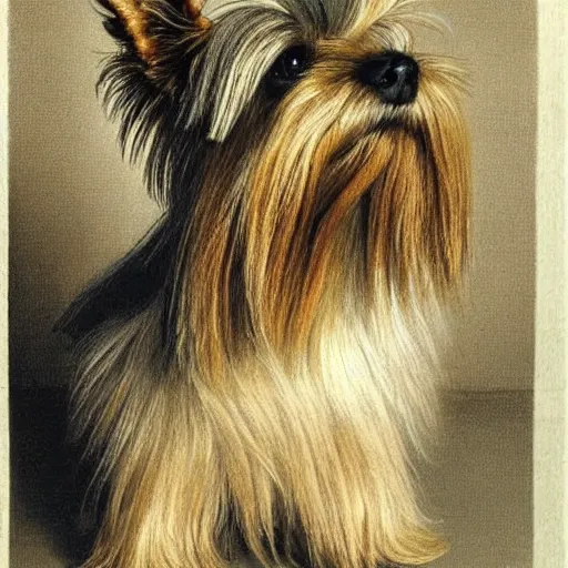 Image similar to Yorkshire terrier dog, long hair, extremely detailed masterpiece, illustration, by Michael Sowa,