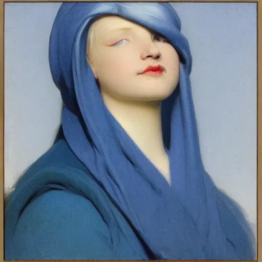 Image similar to a young woman's face, her hair is white and she wears a cobalt blue satin cloak, by ivan aivazovsky and syd mead and moebius and gaston bussiere and roger dean and pieter claesz and paul delaroche and alma tadema and aelbert cuyp and willem claesz, hyperrealistic, volumetric light, octane render