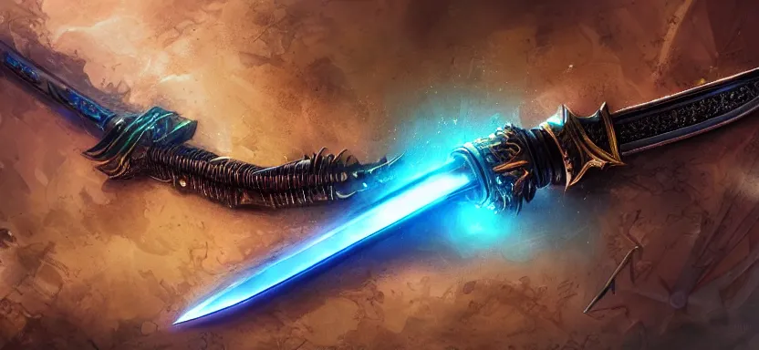 Prompt: legendary sword of cybernetic technology lying flat on a glowing table with a long sharp black and iridescent sword blade, digital award winning hd matte painting, intimate dark moody, intricate, ornate spikes, colorful hilt, detailed realistic, raytraced blade, colored gems, golden pommel, in the style of greg rutkowski and krenz cushart, deviantart