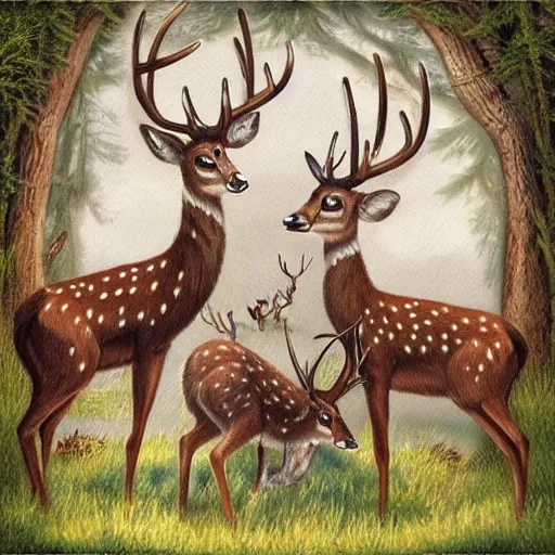 Image similar to three deers having a cool birthday party, photorealistic, highly detailed