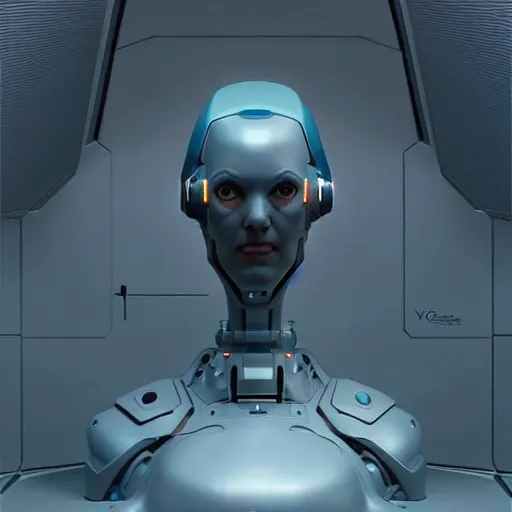 Image similar to detailed character concept art bust of a detailed and hi - tech reconnaissance robot in an empty chamber, artstation, award - winning realistic sci - fi concept art by greg rutkowski and yoshitaka amano, in the style of moebius, flat pop color surrealist illustration.