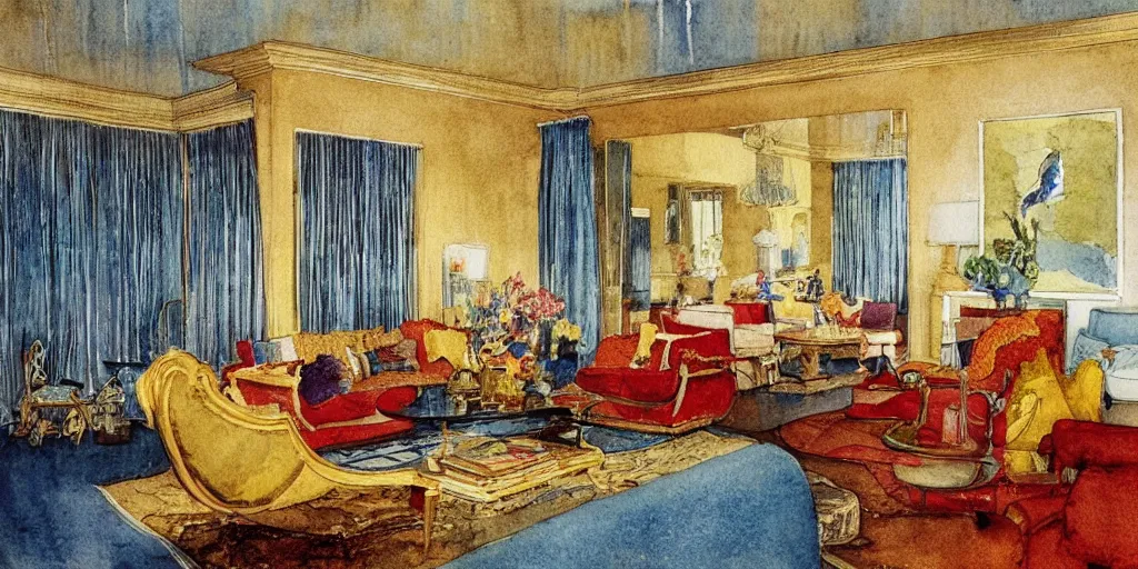 Prompt: a hiper intricate watercolor of a beauty modern living room, reflexions, intricate details, ultramarin and goldenocre and vecicered harmony palette, smooth, by william turner art, by greg rutowski by edmund dulac, by carl larson