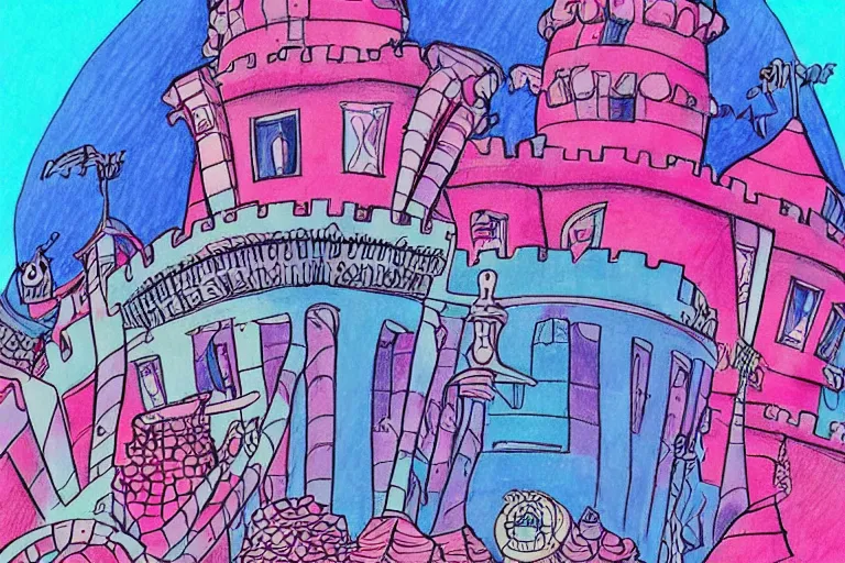 Image similar to a drawing of a pink and blue castle, a storybook illustration by dr seuss, tumblr, psychedelic art, concept art, storybook illustration, whimsical