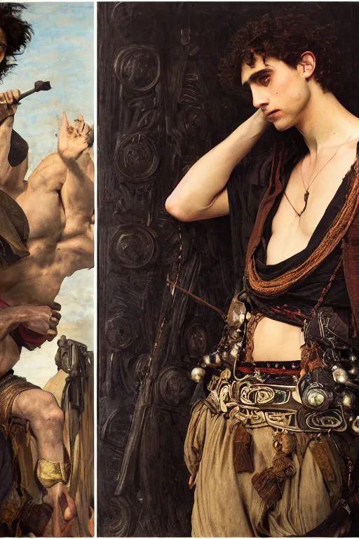 Image similar to timothee chalamet as a bandit king, god of the forge by edgar maxence and caravaggio and michael whelan and delacroix