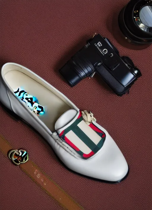 Image similar to hyperrealistic and heavy detailed product photo gucci shoe of albert einstein, in front of white back drop, whole shoe is in picture, leica sl 2 5 0 mm, vivid color, high quality, high textured, real life